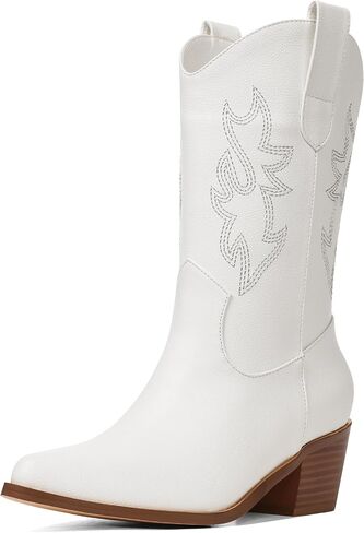VIMISAOI Mid Calf Cowgirl Boots Women Western Spring Slip On Boots | Vegan Leather·Embroidered ·2.36'' Chunky Heel·Slip On-Jeans to Dresses,Office to Concert in Saudi Arabia