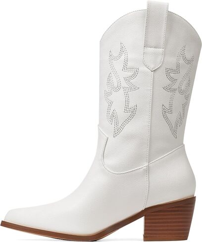 VIMISAOI Mid Calf Cowgirl Boots Women Western Spring Slip On Boots | Vegan Leather·Embroidered ·2.36'' Chunky Heel·Slip On-Jeans to Dresses,Office to Concert in Saudi Arabia