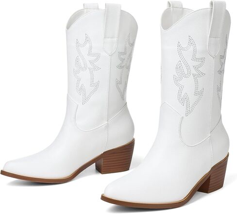 VIMISAOI Mid Calf Cowgirl Boots Women Western Spring Slip On Boots | Vegan Leather·Embroidered ·2.36'' Chunky Heel·Slip On-Jeans to Dresses,Office to Concert in Saudi Arabia