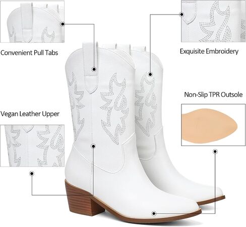 VIMISAOI Mid Calf Cowgirl Boots Women Western Spring Slip On Boots | Vegan Leather·Embroidered ·2.36'' Chunky Heel·Slip On-Jeans to Dresses,Office to Concert in Saudi Arabia