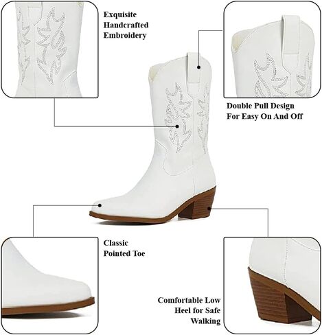 VIMISAOI Mid Calf Cowgirl Boots Women Western Spring Slip On Boots | Vegan Leather·Embroidered ·2.36'' Chunky Heel·Slip On-Jeans to Dresses,Office to Concert in Saudi Arabia