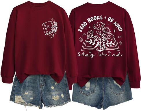 Read Books Be Kind Stay Weird Sweatshirts, Womens Crewneck Tops Pullover Librarian Reading Teacher Long Sleeve Shirts in Saudi Arabia