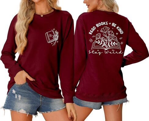 Read Books Be Kind Stay Weird Sweatshirts, Womens Crewneck Tops Pullover Librarian Reading Teacher Long Sleeve Shirts in Saudi Arabia