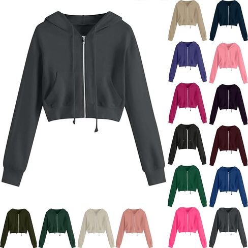 Women's Cropped Zip Up Hoodies Sweatshirts Clothes Teen Girl Fall Casual Jackets With Pockets Overcoat in Kuwait