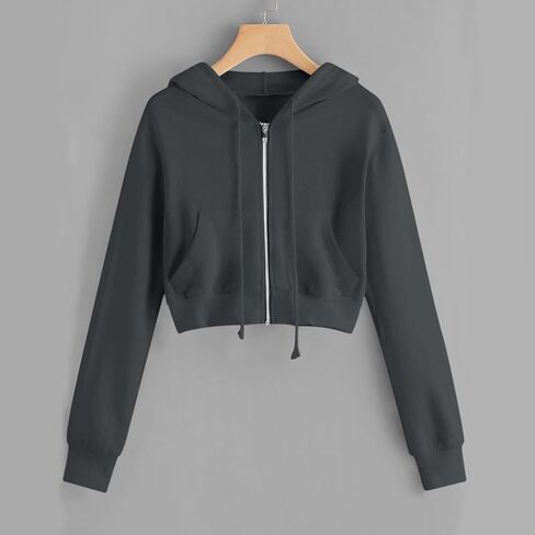 Women's Cropped Zip Up Hoodies Sweatshirts Clothes Teen Girl Fall Casual Jackets With Pockets Overcoat in Kuwait