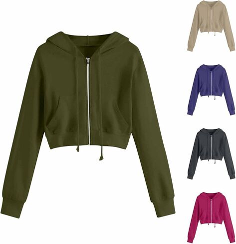 Women's Cropped Zip Up Hoodies Sweatshirts Clothes Teen Girl Fall Casual Jackets With Pockets Overcoat in Kuwait