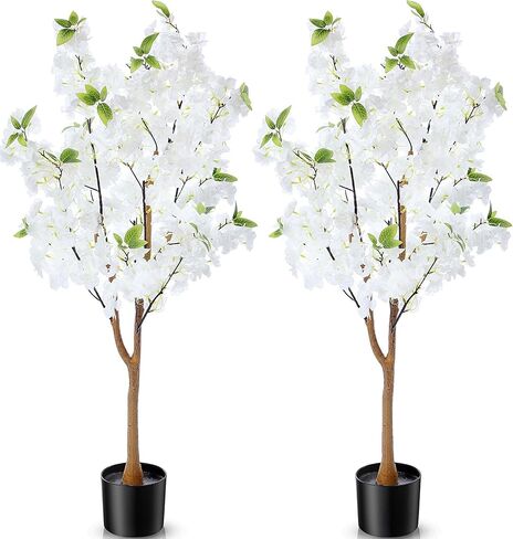 Giegxin 2 Pack Artificial Cherry Blossom Tree 3.9 FT Fake Faux Sakura Flowers Potted Plant Indoor with Plastic Nursery Pot for Home Porch Bedroom House Entryway Office Outdoor(Pink) in Saudi Arabia