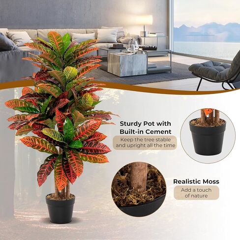Goplus Artificial Croton Palm Tree, 40’’ Tall Lush Faux Tree in Pot for Home Decor Indoor with Colorful Variegated Leaves, Potted Fake Tree Artificial Plants for Office, Living Room, Porch in Saudi Arabia
