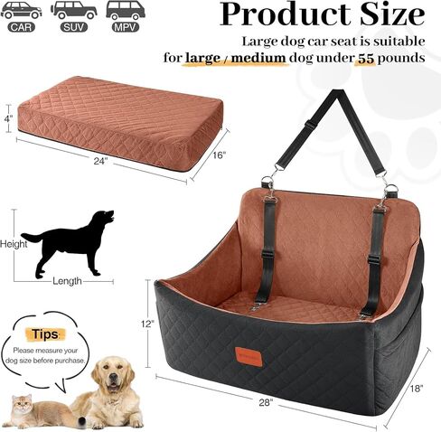 Wooaidagg Dog Car Seat for Medium & Large Dogs Up to 55lbs, Memory Foam Cushion, Washable Cover, Safety Straps & Non-Slip Bottom(Black,Large) in Saudi Arabia