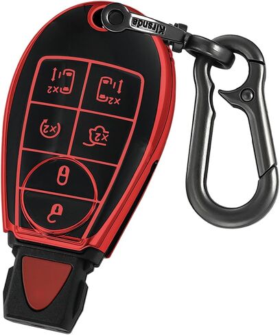 Key fob Cover Metal Buckle Compatible with Dodge Chrysler RAM Durango Grand Cherokee ect Smart Remote,Key Skin TPU Protection Key Case 6 Buttons (red) in Saudi Arabia