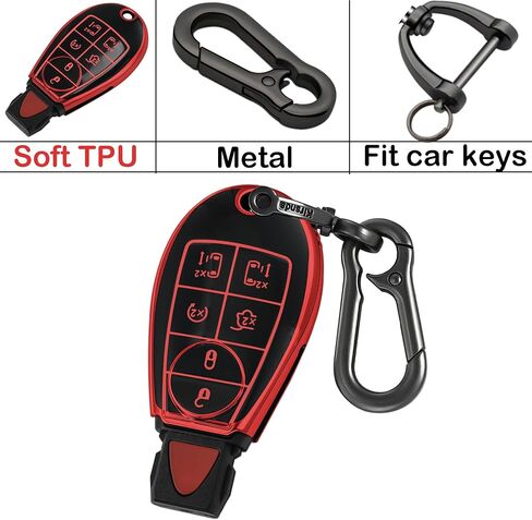Key fob Cover Metal Buckle Compatible with Dodge Chrysler RAM Durango Grand Cherokee ect Smart Remote,Key Skin TPU Protection Key Case 6 Buttons (red) in Saudi Arabia