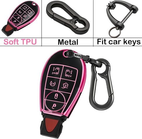 Key fob Cover Metal Buckle Compatible with Dodge Chrysler RAM Durango Grand Cherokee ect Smart Remote,Key Skin TPU Protection Key Case 6 Buttons (red) in Saudi Arabia