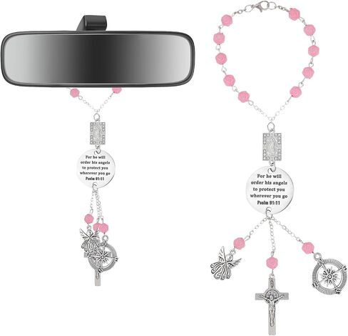 Car Rosary for Rearview Mirror, Christian Bible Verse Cross Car Charm Creative Rearview Mirror Pendant with Psalm 91:11 Religious Cross Hanging Charm for Women Men in Saudi Arabia