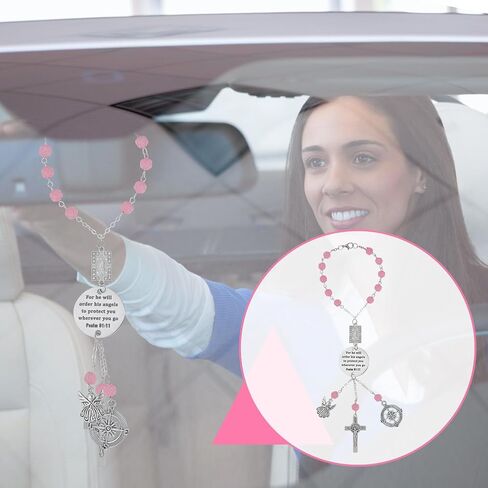 Car Rosary for Rearview Mirror, Christian Bible Verse Cross Car Charm Creative Rearview Mirror Pendant with Psalm 91:11 Religious Cross Hanging Charm for Women Men in Saudi Arabia