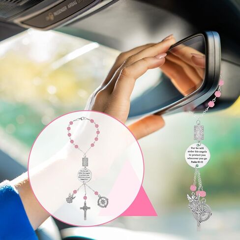 Car Rosary for Rearview Mirror, Christian Bible Verse Cross Car Charm Creative Rearview Mirror Pendant with Psalm 91:11 Religious Cross Hanging Charm for Women Men in Saudi Arabia