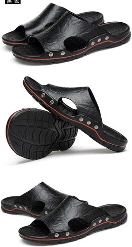 Men'S Leather Rivet Flat Slide Sandals Fashion Round Open Toe Slip-On Soft Sole Beach Sandals Summer Casual Vacation Party Male Sandals in Kuwait
