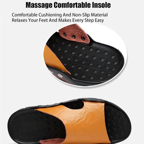 Men'S Leather Rivet Flat Slide Sandals Fashion Round Open Toe Slip-On Soft Sole Beach Sandals Summer Casual Vacation Party Male Sandals in Kuwait