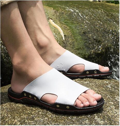 Men'S Leather Rivet Flat Slide Sandals Fashion Round Open Toe Slip-On Soft Sole Beach Sandals Summer Casual Vacation Party Male Sandals in Kuwait
