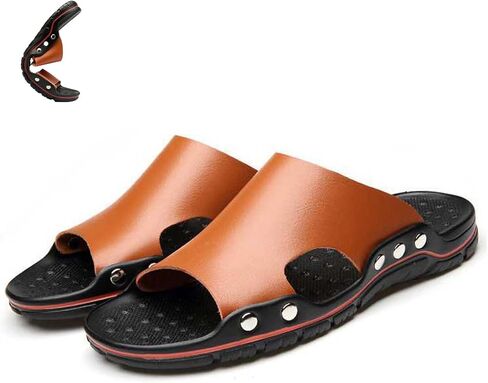 Men'S Leather Rivet Flat Slide Sandals Fashion Round Open Toe Slip-On Soft Sole Beach Sandals Summer Casual Vacation Party Male Sandals in Kuwait