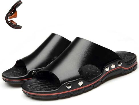 Men'S Leather Rivet Flat Slide Sandals Fashion Round Open Toe Slip-On Soft Sole Beach Sandals Summer Casual Vacation Party Male Sandals in Kuwait