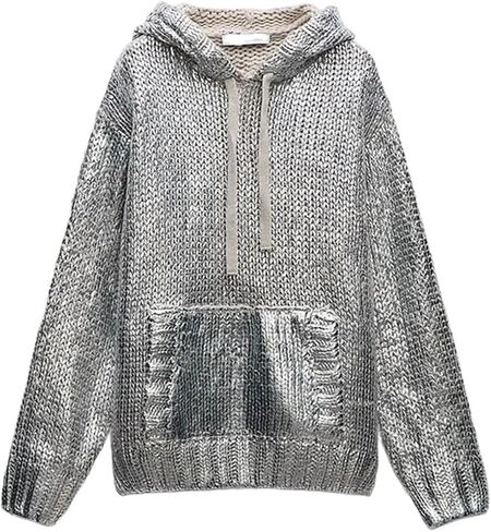 Women Chic Metallic Rib Trim Foil Hooded Sweater Casual Long Sleeve Drawstring Pullover Top Lady Sweatshirt(Large) in Saudi Arabia