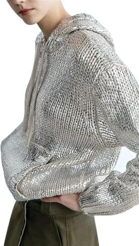 Women Chic Metallic Rib Trim Foil Hooded Sweater Casual Long Sleeve Drawstring Pullover Top Lady Sweatshirt(Large) in Saudi Arabia