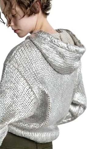 Women Chic Metallic Rib Trim Foil Hooded Sweater Casual Long Sleeve Drawstring Pullover Top Lady Sweatshirt(Large) in Saudi Arabia