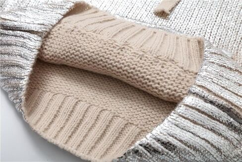 Women Chic Metallic Rib Trim Foil Hooded Sweater Casual Long Sleeve Drawstring Pullover Top Lady Sweatshirt(Large) in Saudi Arabia