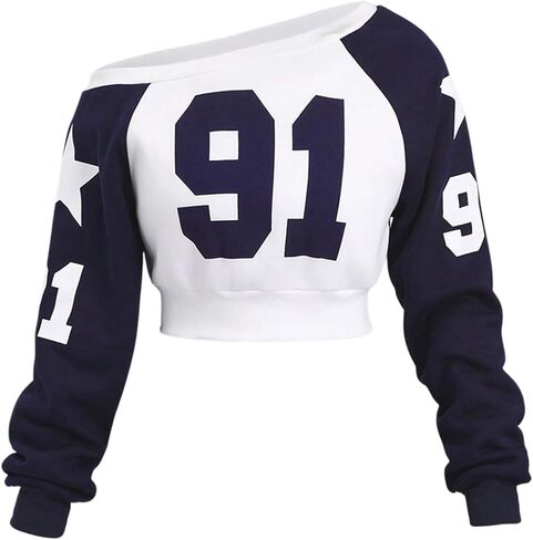 Verdusa Women's Graphic Off The Shoulder Jersey Sweatshirt Asymmetrical Neck Long Sleeve Crop Tops in Saudi Arabia