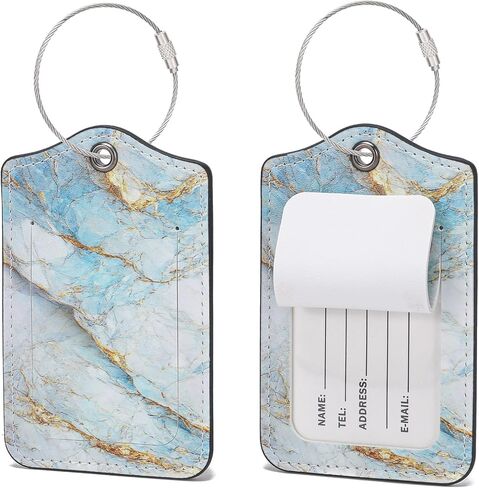 2 Pack PU Leather Luggage Tags for Suitcases with Privacy Shield and Name ID Tag Address Card and Stainless Steel Loop for Baggage Tag for Cruise Airport Travel Essentials (Purple Marble) in Kuwait