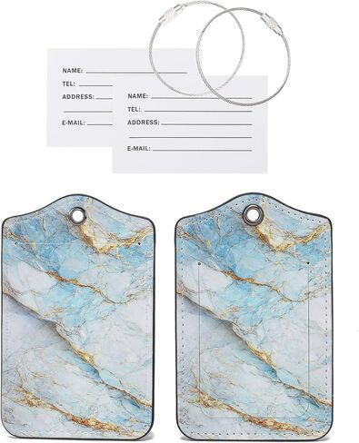 2 Pack PU Leather Luggage Tags for Suitcases with Privacy Shield and Name ID Tag Address Card and Stainless Steel Loop for Baggage Tag for Cruise Airport Travel Essentials (Purple Marble) in Kuwait