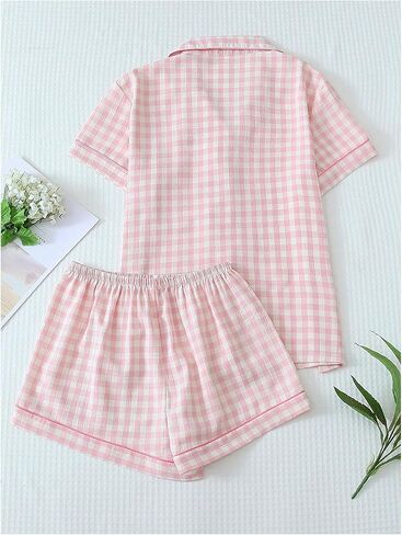 Verdusa Women's 2 قطعة منقوشة Pajama تعيين زر قصير الأكمام أسفل القمصان مع سروال in Kuwait