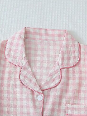 Verdusa Women's 2 قطعة منقوشة Pajama تعيين زر قصير الأكمام أسفل القمصان مع سروال in Kuwait