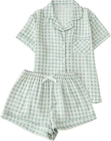 Verdusa Women's 2 قطعة منقوشة Pajama تعيين زر قصير الأكمام أسفل القمصان مع سروال in Kuwait