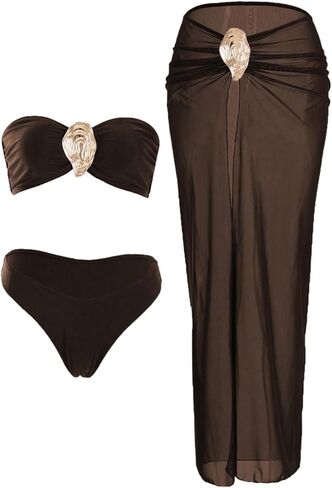 Gorglitter Women's Bandeau Bandeau Swimsuits مجموعات بيكيني عالية الخصر مع تغطية معدنية تنانير 3 قطعة بدلات الاستحمام in Saudi Arabia