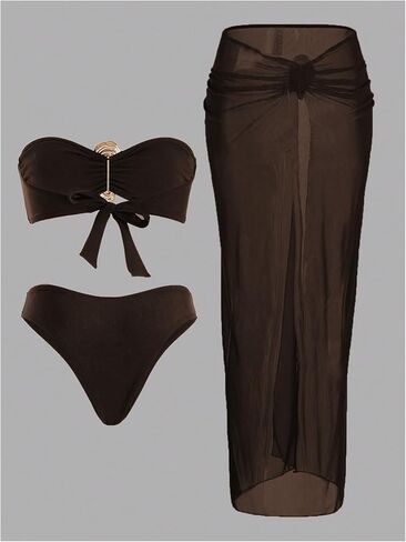 Gorglitter Women's Bandeau Bandeau Swimsuits مجموعات بيكيني عالية الخصر مع تغطية معدنية تنانير 3 قطعة بدلات الاستحمام in Saudi Arabia