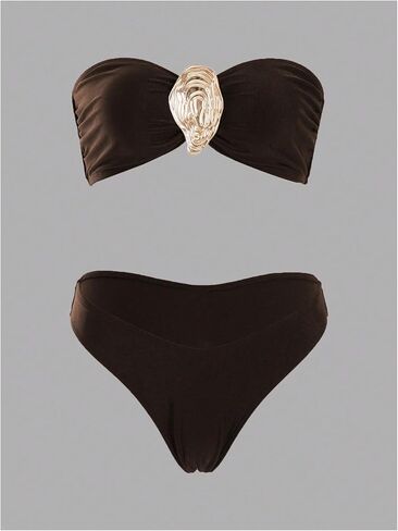 Gorglitter Women's Bandeau Bandeau Swimsuits مجموعات بيكيني عالية الخصر مع تغطية معدنية تنانير 3 قطعة بدلات الاستحمام in Saudi Arabia