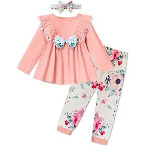 ملابس للفتيات الصغيرات ذات اللون الصلب وأكمام مكشكشة، وبنطلونات زهرية مع عصابة رأس لفصل الخريف والشتاء، ملابس للفتيات الصغيرات in Kuwait