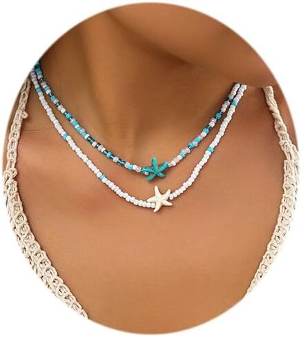 Boho Beaded Choker Necklaces for Women Layered Shell Starfish Charms Necklace Summer Surfer Beach Necklace Jewelry Gift in Saudi Arabia