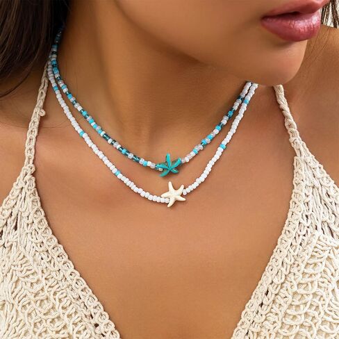 Boho Beaded Choker Necklaces for Women Layered Shell Starfish Charms Necklace Summer Surfer Beach Necklace Jewelry Gift in Saudi Arabia