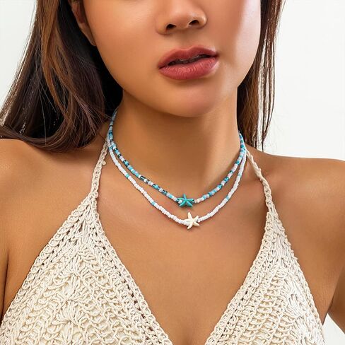 Boho Beaded Choker Necklaces for Women Layered Shell Starfish Charms Necklace Summer Surfer Beach Necklace Jewelry Gift in Saudi Arabia