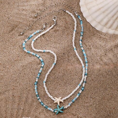Boho Beaded Choker Necklaces for Women Layered Shell Starfish Charms Necklace Summer Surfer Beach Necklace Jewelry Gift in Saudi Arabia