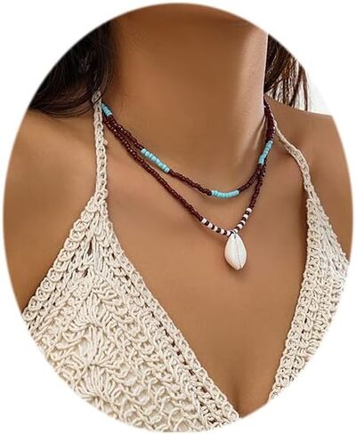 Boho Beaded Choker Necklaces for Women Layered Shell Starfish Charms Necklace Summer Surfer Beach Necklace Jewelry Gift in Saudi Arabia