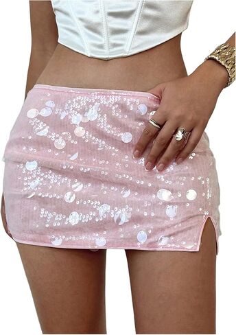 MakeMeChic Women's Sequin Sparkly Skirt Mini Micro Glitter Y2k Low Rise Summer Skirt Light Pink Small in Saudi Arabia