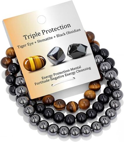 Healing Crystal Bracelets for Women Men 8mm Tiger Eye Hematite Black Obsidian Natural Stone Beaded Stretch Bracelet Triple Protection Handmade Gemstone Reiki Spiritual Jewelry Gifts in Kuwait