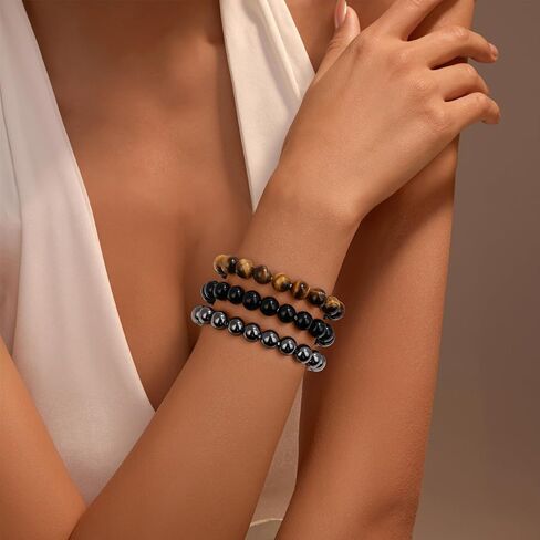 Healing Crystal Bracelets for Women Men 8mm Tiger Eye Hematite Black Obsidian Natural Stone Beaded Stretch Bracelet Triple Protection Handmade Gemstone Reiki Spiritual Jewelry Gifts in Kuwait