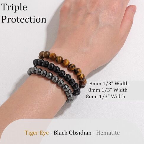 Healing Crystal Bracelets for Women Men 8mm Tiger Eye Hematite Black Obsidian Natural Stone Beaded Stretch Bracelet Triple Protection Handmade Gemstone Reiki Spiritual Jewelry Gifts in Kuwait