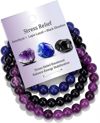Healing Crystal Bracelets for Women Men 8mm Tiger Eye Hematite Black Obsidian Natural Stone Beaded Stretch Bracelet Triple Protection Handmade Gemstone Reiki Spiritual Jewelry Gifts in Kuwait