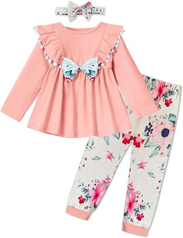 ملابس للفتيات الصغيرات ذات اللون الصلب وأكمام مكشكشة، وبنطلونات زهرية مع عصابة رأس لفصل الخريف والشتاء، ملابس للفتيات الصغيرات in Kuwait