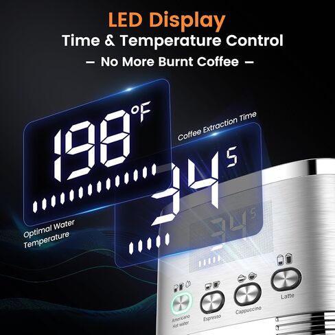 ماكينة اسبريسو مع شاشة LED، ماكينة صنع الاسبريسو 20 بار ماكينة كابتشينو مع رغوة حليب أوتوماتيكية للكابتشينو، اللاتيه، أمريكانو، فلتر جراب ESE، نظام تسخين مزدوج in Kuwait